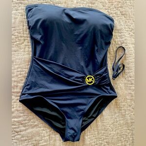 MICHAEL Michael Kors Navy Blue Strapless Bandeau Swimsuit Gold Logo one piece 14